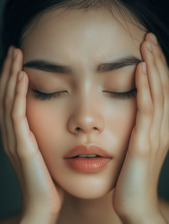 A young woman appears deeply focused, her eyes closed and hands resting on her head, conveying feelings of stress and anxiety.の素材