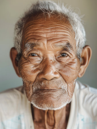An elderly man from diverse ethnic backgrounds displays profound wisdom and calmness, with a gentle expression that reflects his life experiences.の素材