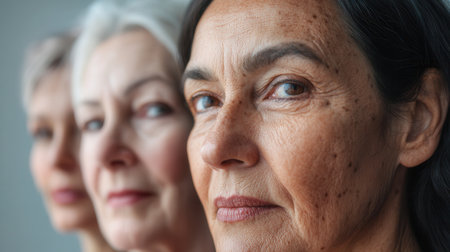 Three older women with different hair colors and styles gaze confidently ahead, reflecting their unique personalities in a serene indoor environment.の素材