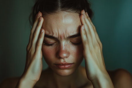 A woman conveys deep stress and anxiety with her eyes closed and hands resting on her head in a softly lit, quiet setting.の素材