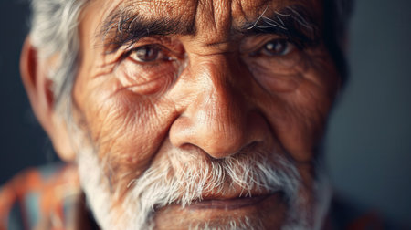 A close-up portrait highlights the serene expression of an elderly man, showing the rich textures of his face and a captivating gaze filled with wisdom.の素材