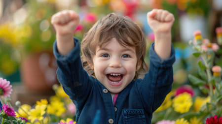 A cheerful child with a big smile raises their arms in excitement, standing among colorful flowers in bloom during spring.の素材