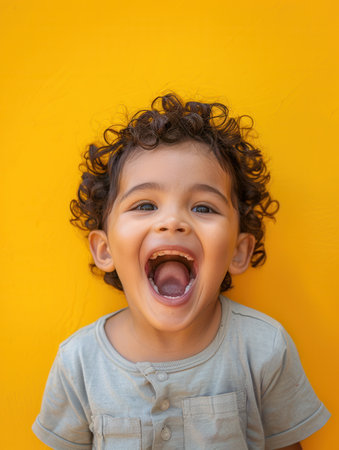 A cheerful young child with curly hair is laughing widely in front of a vibrant yellow backdrop, radiating joy and energy.の素材
