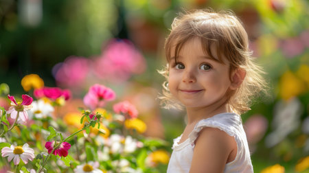 A cheerful young girl looks back with a smile, surrounded by blooming flowers in a lush garden on a bright day.の素材