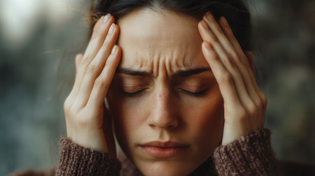 A young woman sits quietly, eyes closed and hands resting on her head, reflecting feelings of stress and anxiety in a serene outdoor setting.の素材