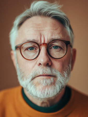 A senior man with round glasses and a gray beard gazes calmly at the viewer, wearing a cozy orange sweater, highlighted by soft natural light.の素材