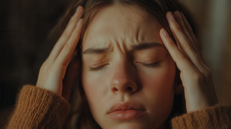 The young woman appears overwhelmed, her eyes shut tightly as she holds her head, conveying a feeling of deep stress and anxiety.の素材