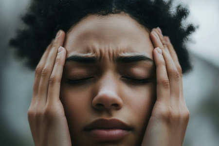 A person in an outdoor environment shows signs of stress and anxiety, with eyes closed and hands pressed against their head.の素材