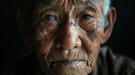 An elderly man from multiple ethnic groups is portrayed, radiating wisdom and calmness in a tranquil indoor setting, reflecting years of life experience.の素材