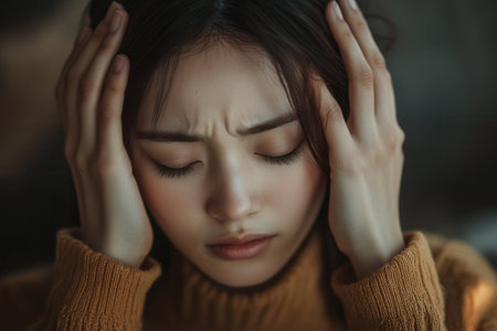 A woman in a cozy sweater holds her head with closed eyes, visibly overwhelmed by stress and anxiety in a serene space.の素材