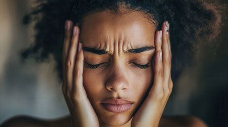 A young adult shows signs of stress and anxiety with closed eyes and hands pressed to their head while sitting in a calm indoor environment.の素材