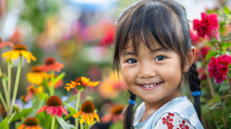 A cheerful girl enjoys the vibrant atmosphere of a floral festival, surrounded by a variety of colorful blooms in a sunny garden.の素材
