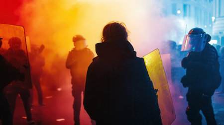 Protesters holding placards engage with law enforcement clad in riot gear, illuminated by colorful smoke as rights advocacy unfolds in the city.の素材