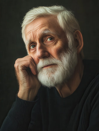 An elderly man with a white beard rests his chin on his hand, displaying a pensive look while illuminated by gentle light on a dark backdrop.の素材