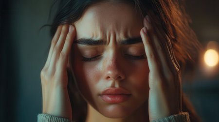 A young woman is visibly distressed, with closed eyes and hands on her head, reflecting deep feelings of stress and anxiety.の素材