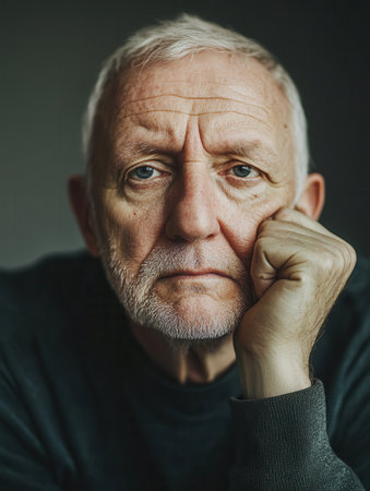An older man gazes thoughtfully into the distance, resting his chin on his hand, showcasing a contemplative moment in a cozy indoor atmosphere.の素材
