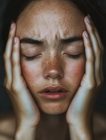 A young woman conveys her feelings of stress and anxiety while sitting in a softly illuminated space with her eyes closed.の素材