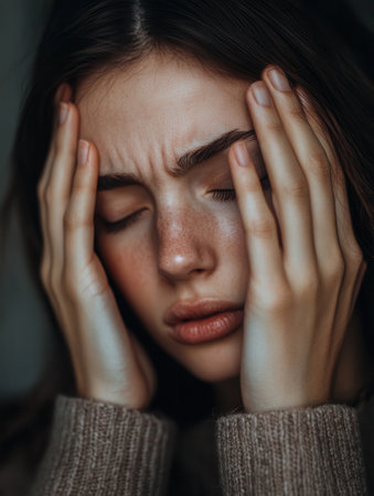 A young woman sits with her eyes closed, hands pressed against her head, reflecting feelings of stress and anxiety in a moody indoor setting.の素材