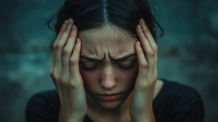 A young woman expresses her feelings of stress and anxiety by covering her face with her hands and closing her eyes in a somber setting.の素材