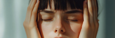 A young individual sits quietly with eyes closed, hands pressed against their head, conveying deep feelings of stress and anxiety.の素材