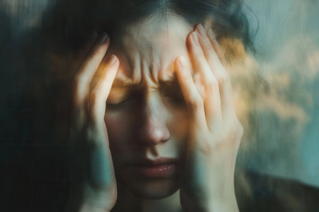 The individual appears overwhelmed, with eyes closed and hands holding their head as they cope with stress and anxiety.の素材