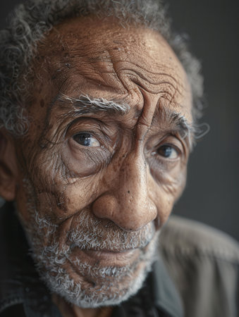 An elderly man with deep-set wrinkles and expressive eyes reflects wisdom and calmness, embodying the richness of his life journey in this captivating portrait.の素材