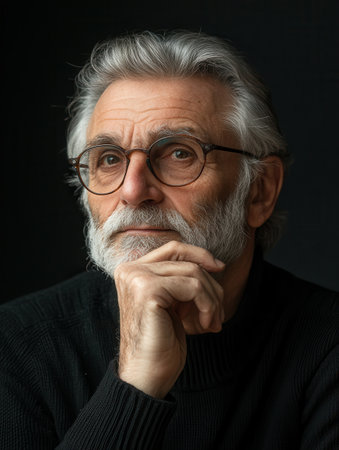 An older man with gray hair and glasses sits thoughtfully against a dark background, resting his chin on his hand and engaging in deep reflection.の素材