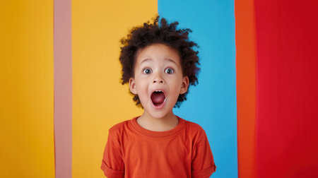 A young child with curly hair exuberantly shows joy, surrounded by colorful walls that enhance the cheerful atmosphere.の素材