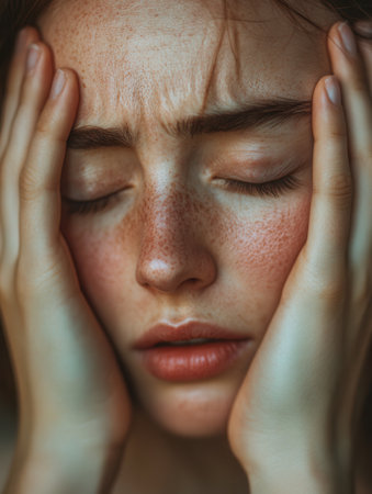 A young woman rests her hands on her head, eyes closed, expressing tension and anxiety in a moment of emotional struggle.の素材