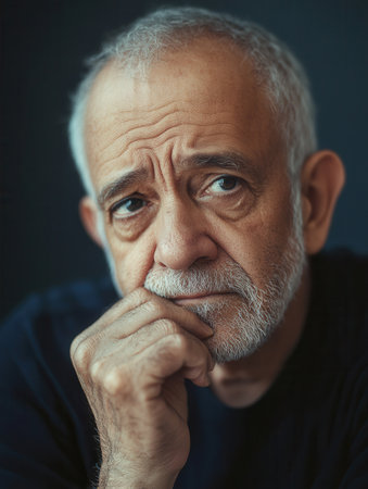 An older man with gray hair and a beard sits in a softly lit room, his expression contemplative as he rests his chin on his hand, deep in thought.の素材