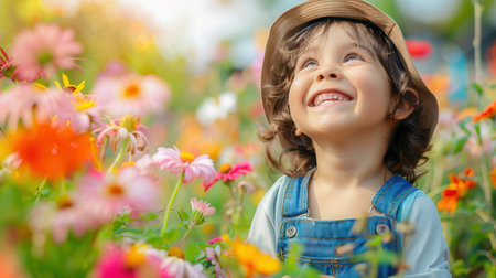A happy child in a straw hat smiles brightly while surrounded by a variety of colorful flowers in a sunlit garden.の素材
