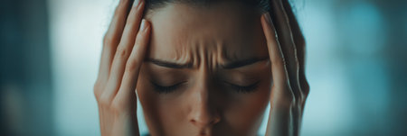 A person expresses deep stress and anxiety, hands on their head and eyes closed, in a quiet indoor environment.の素材
