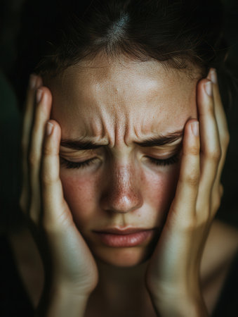 With eyes closed and hands pressed against the head, the young person visibly struggles with stress and overwhelming anxiety in a dim space.の素材