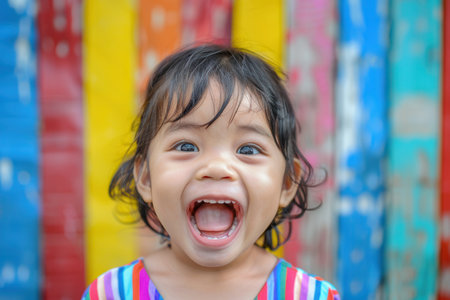 A young child beams joyfully, showcasing a broad smile, set against a vibrant striped backdrop that enhances the cheerful atmosphere.の素材