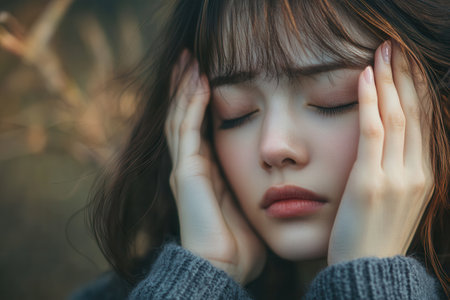 The individual sits peacefully with closed eyes, hands on their head, conveying feelings of stress and anxiety amidst a serene backdrop.の素材