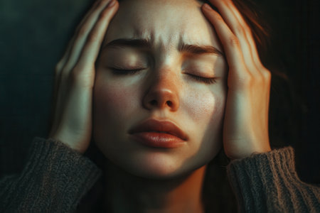 In a dimly lit environment, a person with closed eyes holds their head as they experience a moment of profound stress and anxiety.の素材