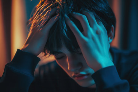 A young adult sits in a dim room, eyes closed and hands on their head, conveying feelings of stress and anxiety in the evening.の素材