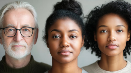 Three individuals of different ages and backgrounds stand closely together, showing a sense of unity and diversity in a softly lit studio.の素材