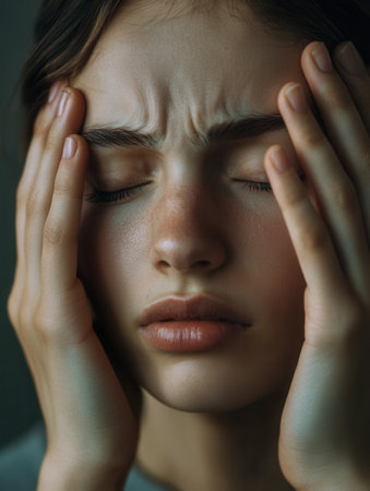 A young woman is seen sitting in a dimly lit space, with her hands on her head, eyes closed, expressing feelings of stress and anxiety.の素材