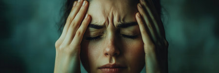 A woman sits with her hands on her head, eyes closed, expressing deep stress and anxiety in a softly lit indoor space.の素材