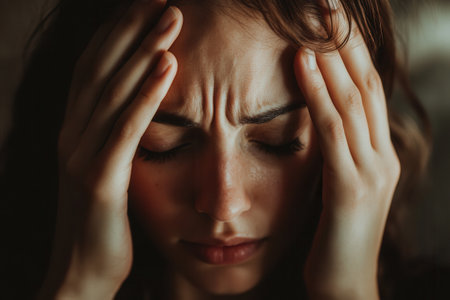 A young woman appears overwhelmed, hands clutching her head, eyes closed, conveying a deep sense of stress and anxiety in a quiet space.の素材
