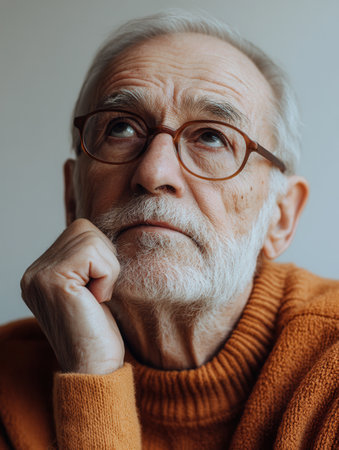 An older man sits in a soft-lit room, resting his chin on his hand and gazing thoughtfully upward, lost in deep contemplation and reflection.の素材
