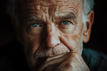 The elderly man rests his chin on his hand, deep in thought, showing his intricate wrinkles and vibrant eyes while soft light illuminates his face.の素材