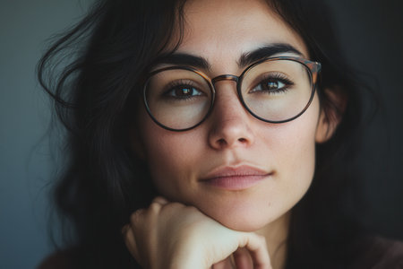A thoughtful young woman rests her chin on her hand, gazing into the distance with warm lighting highlighting her features in a cozy indoor environment.の素材