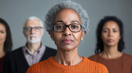 A diverse group of people stands together, focused and expressive, emphasizing themes of unity, support, and community involvement during an event.の素材