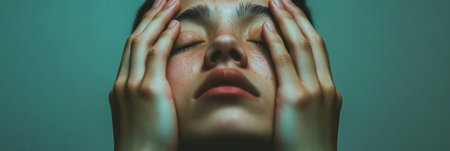 A person appears visibly stressed, with closed eyes and hands on their head, conveying feelings of anxiety in a serene indoor environment.の素材