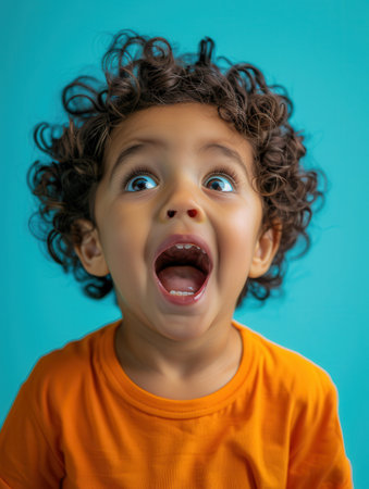 A small child with curly hair is joyfully shouting, showcasing a moment of excitement in a bright, colorful environment.の素材
