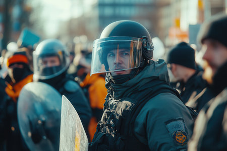 Crowds rally with placards demanding justice while law enforcement in riot gear stands ready, reflecting societal tensions and struggles for rights.の素材