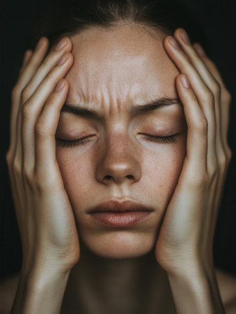 A young individual appears deeply stressed, eyes closed and hands pressed against their head, expressing intense emotional discomfort.の素材