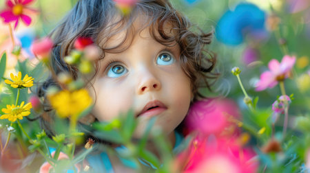 A curious child gazes upward, surrounded by a myriad of bright flowers in a lush garden, illuminated by warm sunlight.の素材